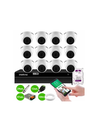 Kit 12 Câmeras Intelbras VHD 1120 Dome G7 HD 720p, Lente 2.8mm, Visão Noturna 20m + DVR Intelbras MHDX 1316 Full HD 16 Canais Multi HD + HD 1TB