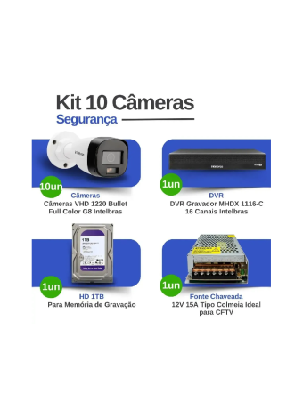 Kit 10 Câmeras Intelbras VHD 1220 B G8 Full Color Full HD 1080P Multi HD Visão Noturna Colorida 20m Proteção IP67 + Gravador Digital de vídeo Intelbras MHDX 1116-C + HD Interno 1TB