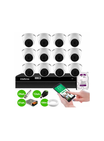 Kit 12 Câmeras Intelbras VHD 1120 Dome G7 HD 720p, Lente 2.8mm, Visão Noturna 20m + DVR Intelbras MHDX 1316 Full HD 16 Canais Multi HD + HD 1TB