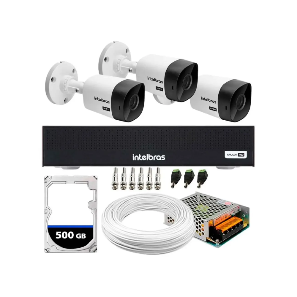 Kit 3 Câmeras Bullet HD 720p VHL 1120B Infra 20m HDCVI + DVR Gravador de Vídeo Inteligente Intelbras MHDX 1304 4 Canais
