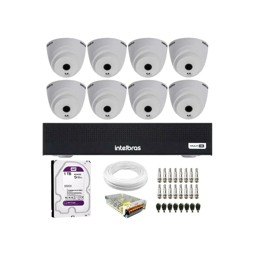 Kit 8 Câmeras Intelbras VHL 1120 D G2 HDCVI Lite HD 720p Lente 2.8mm Visão Noturna 20m + Dvr Intelbras MHDX 1108-C 8 Canais + HD 1TB