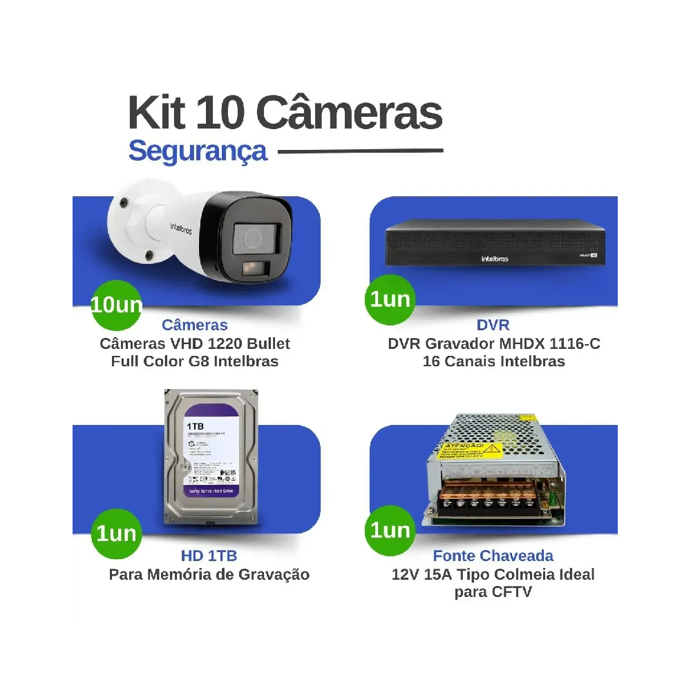 Kit 10 Câmeras Intelbras VHD 1220 B G8 Full Color Full HD 1080P Multi HD Visão Noturna Colorida 20m Proteção IP67 + Gravador Digital de vídeo Intelbras MHDX 1116-C + HD Interno 1TB